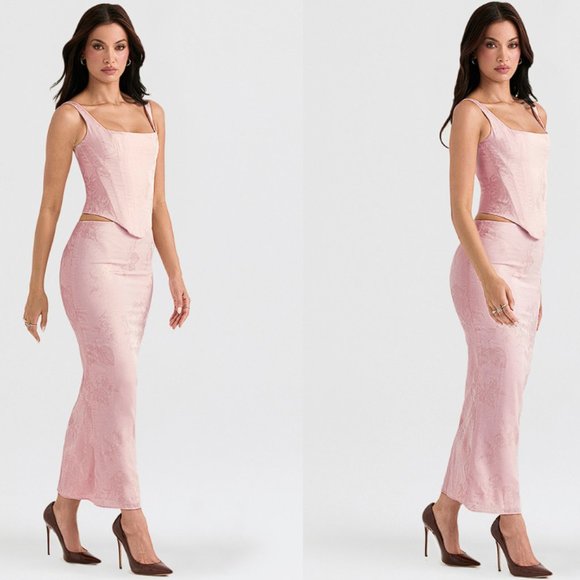 House of CB ‘Luisette’ Pink Metallic Floral Satin Midi Skirt NWOT - Picture 5 of 12